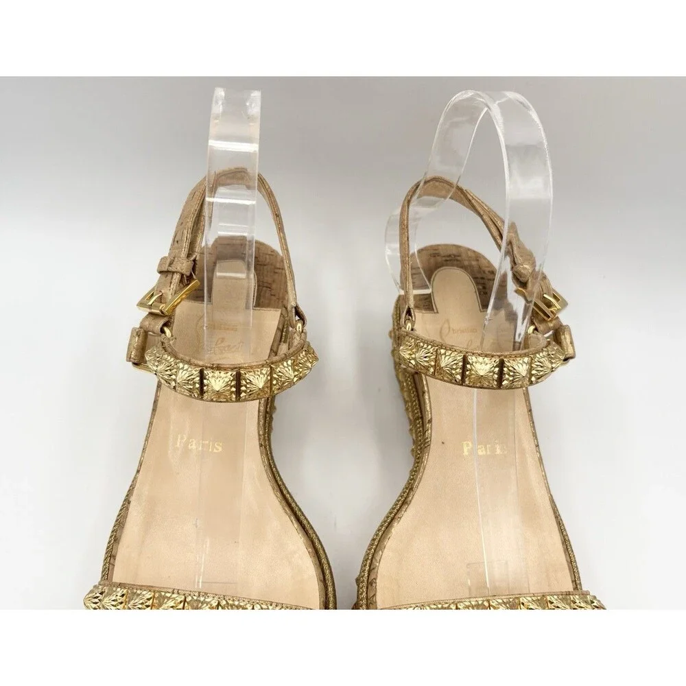 Christian Louboutin Gold Pyraclou 60 Spike Cork Wedge Espadrilles Size EU 38